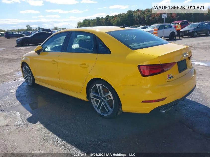 2019 Audi S3 Sedan VIN: WAUF1GFF2K1020871 Lot: 12087047