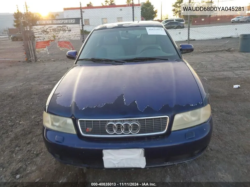 2000 Audi S4 2.7T VIN: WAUDD68D0YA045281 Lot: 40835013