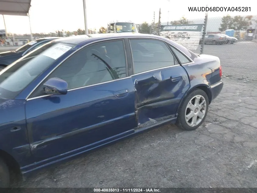 2000 Audi S4 2.7T VIN: WAUDD68D0YA045281 Lot: 40835013