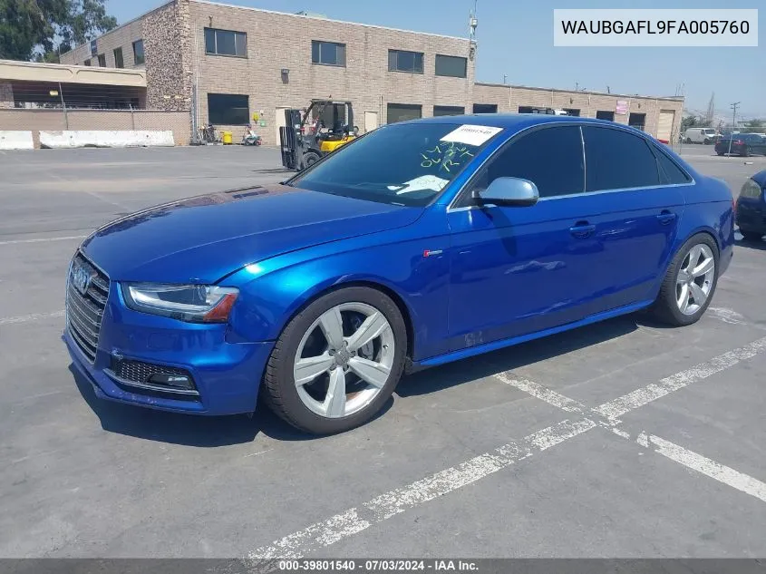 2015 Audi S4 3.0T Premium Plus VIN: WAUBGAFL9FA005760 Lot: 39801540