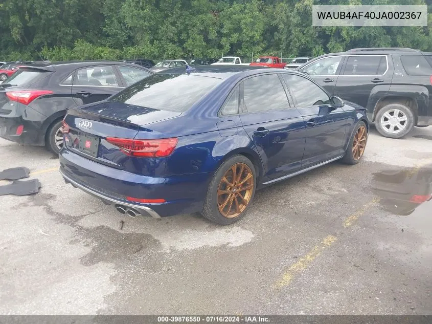 WAUB4AF40JA002367 2018 Audi S4 3.0T Premium Plus