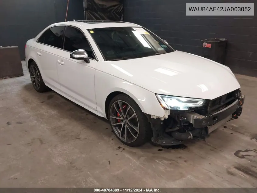 2018 Audi S4 3.0T Premium Plus VIN: WAUB4AF42JA003052 Lot: 40784389