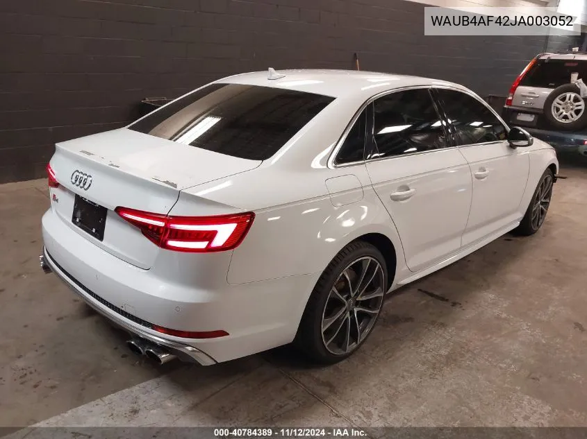 2018 Audi S4 3.0T Premium Plus VIN: WAUB4AF42JA003052 Lot: 40784389