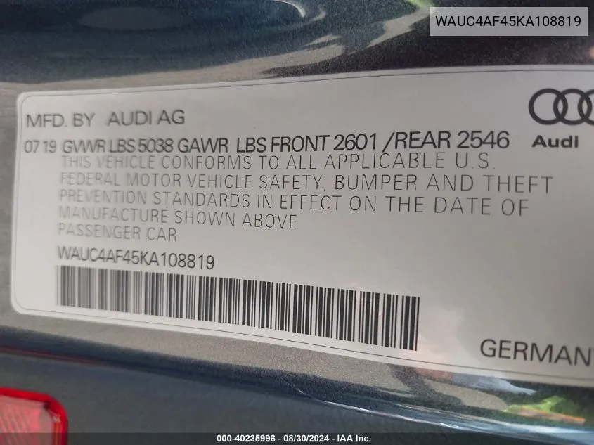 2019 Audi S4 3.0T Premium VIN: WAUC4AF45KA108819 Lot: 40235996