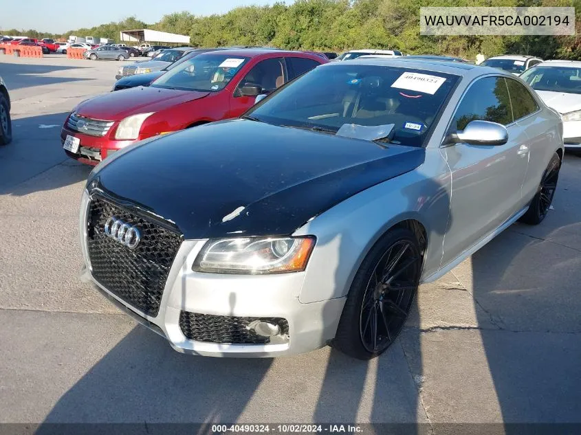 2012 Audi S5 4.2 Premium Plus VIN: WAUVVAFR5CA002194 Lot: 40490324