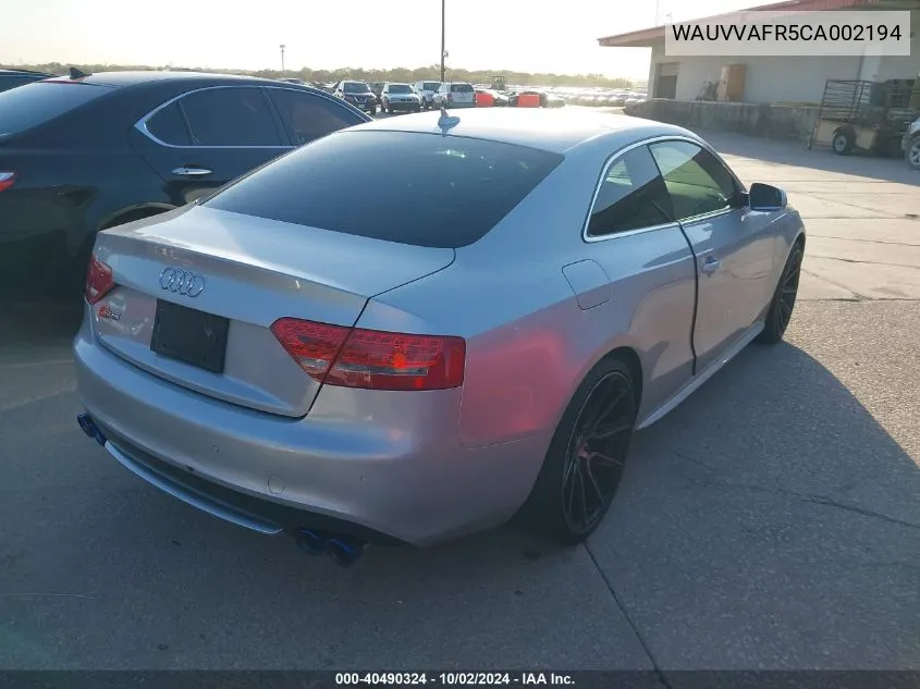 2012 Audi S5 4.2 Premium Plus VIN: WAUVVAFR5CA002194 Lot: 40490324