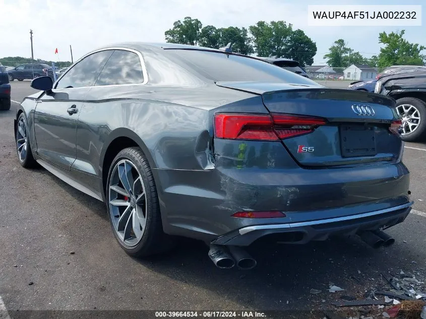 2018 Audi S5 3.0T Premium Plus VIN: WAUP4AF51JA002232 Lot: 39664534