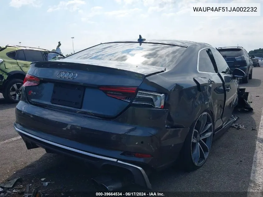 2018 Audi S5 3.0T Premium Plus VIN: WAUP4AF51JA002232 Lot: 39664534