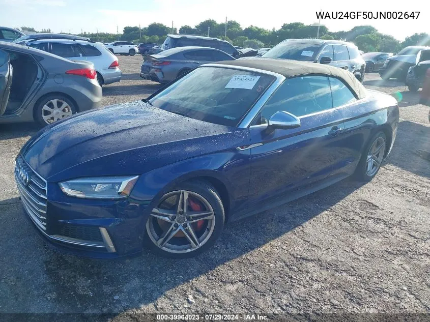 2018 Audi S5 3.0T Premium Plus VIN: WAU24GF50JN002647 Lot: 39964023