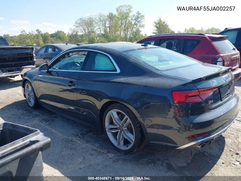 2018 Audi S5 3.0T Premium Plus VIN: WAUR4AF55JA002257 Lot: 40348871