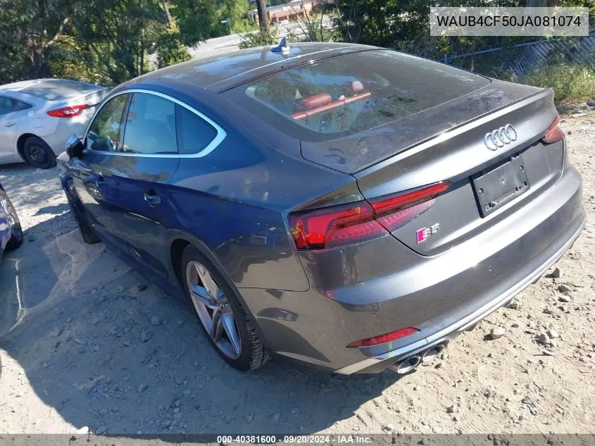 2018 Audi S5 3.0T Premium Plus VIN: WAUB4CF50JA081074 Lot: 40381600