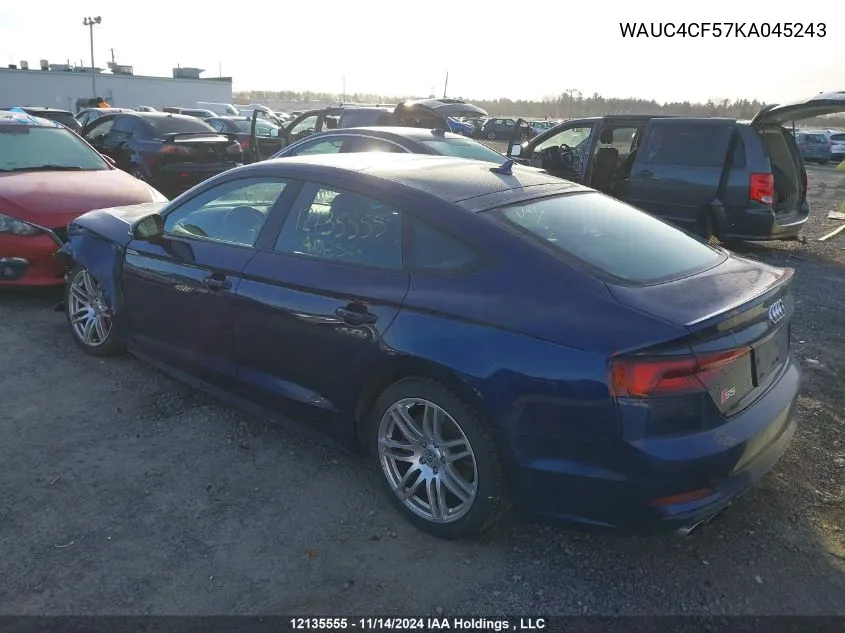 2019 Audi S5 Sportback VIN: WAUC4CF57KA045243 Lot: 12135555