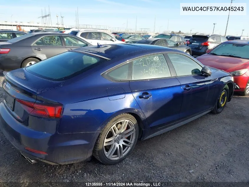 2019 Audi S5 Sportback VIN: WAUC4CF57KA045243 Lot: 12135555