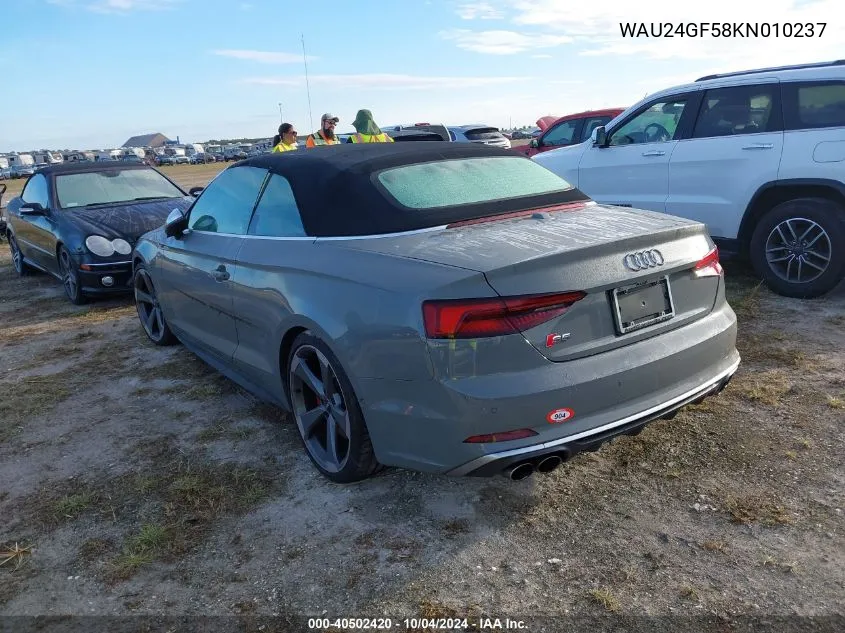 2019 Audi S5 3.0T Premium Plus VIN: WAU24GF58KN010237 Lot: 40502420