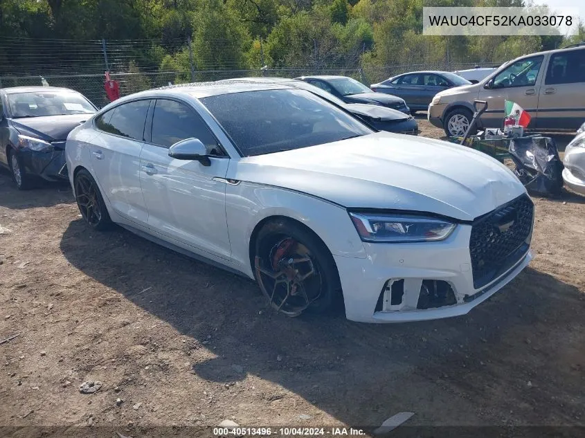 2019 Audi S5 3.0T Premium VIN: WAUC4CF52KA033078 Lot: 40513496