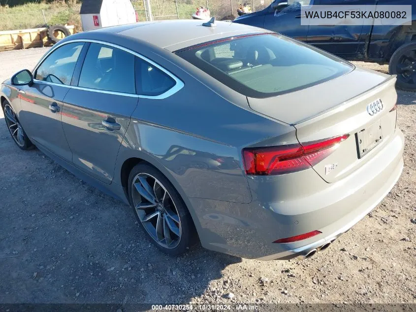 2019 Audi S5 3.0T Premium VIN: WAUB4CF53KA080082 Lot: 40730254