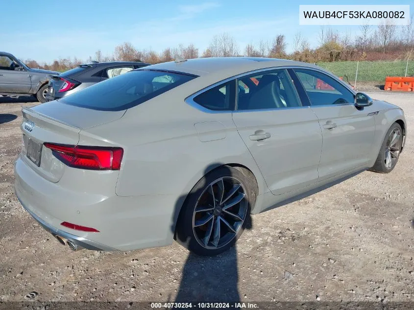 2019 Audi S5 3.0T Premium VIN: WAUB4CF53KA080082 Lot: 40730254