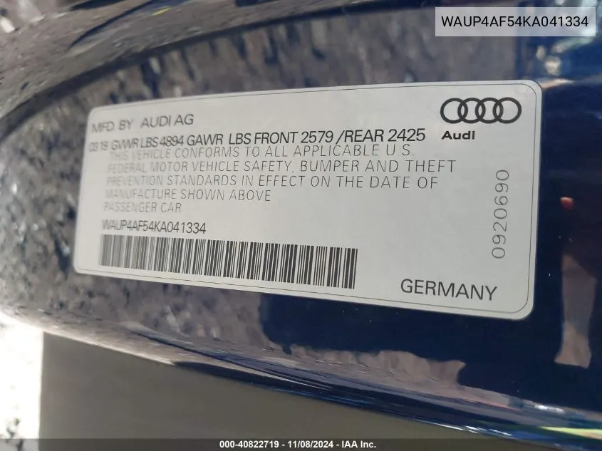 2019 Audi S5 3.0T Premium VIN: WAUP4AF54KA041334 Lot: 40822719