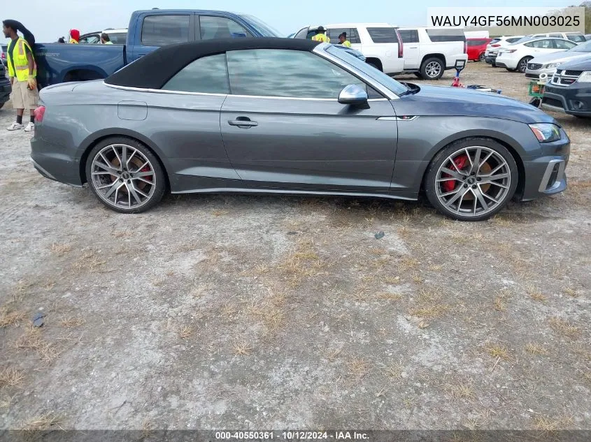 2021 Audi S5 Cabriolet Prestige Tfsi Quattro Tiptronic VIN: WAUY4GF56MN003025 Lot: 40550361