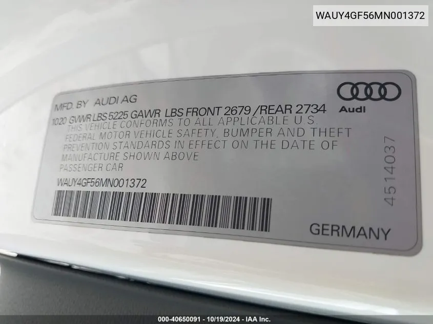 2021 Audi S5 Cabriolet Prestige Tfsi Quattro Tiptronic VIN: WAUY4GF56MN001372 Lot: 40650091