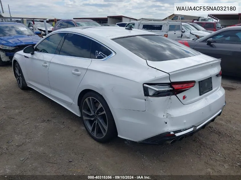 2022 Audi S5 Sportback Premium Tfsi Quattro Tiptronic VIN: WAUA4CF55NA032180 Lot: 40315356