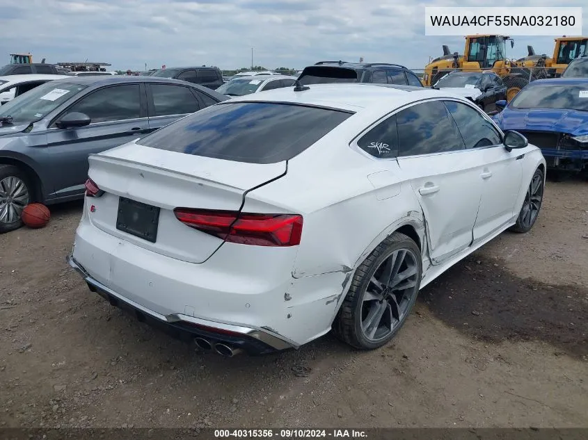 2022 Audi S5 Sportback Premium Tfsi Quattro Tiptronic VIN: WAUA4CF55NA032180 Lot: 40315356