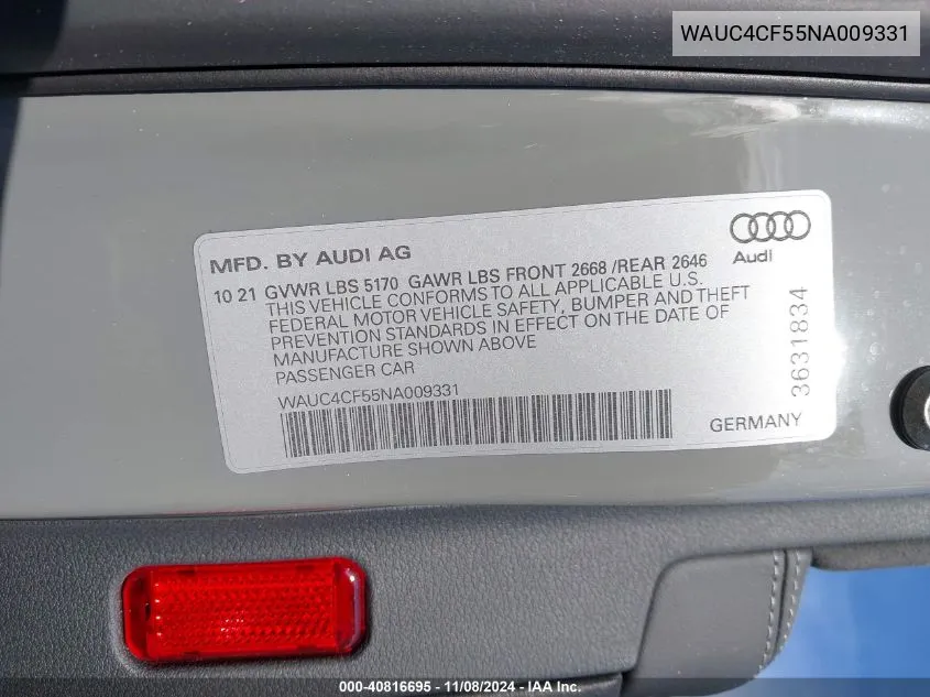 2022 Audi S5 Sportback Premium Plus Tfsi Quattro Tiptronic VIN: WAUC4CF55NA009331 Lot: 40816695