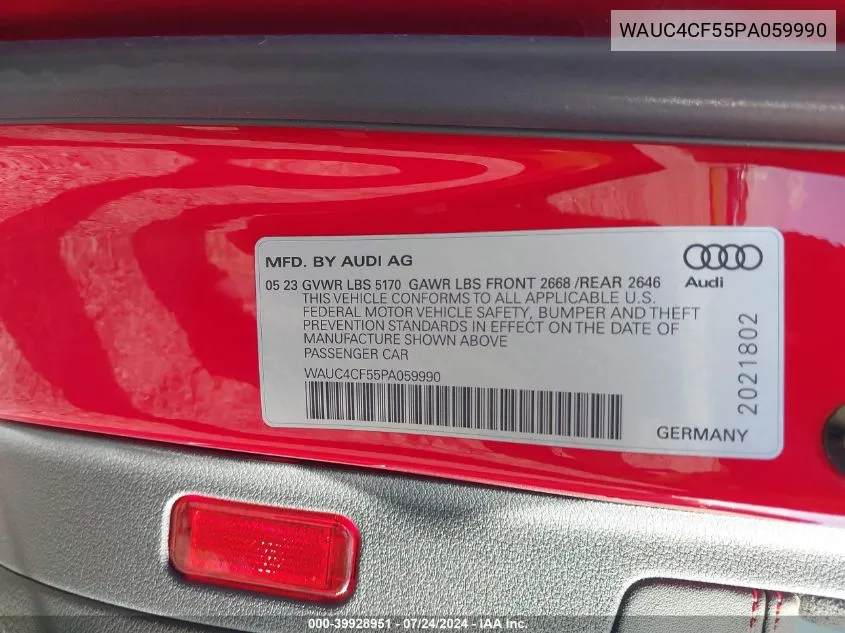 2023 Audi S5 Sportback Premium Plus Tfsi Quattro Tiptronic VIN: WAUC4CF55PA059990 Lot: 39928951