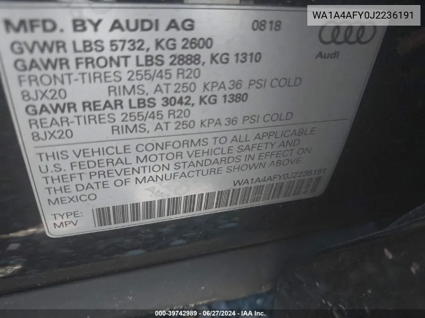 2018 Audi Sq5 3.0T Premium Plus VIN: WA1A4AFY0J2236191 Lot: 39742989