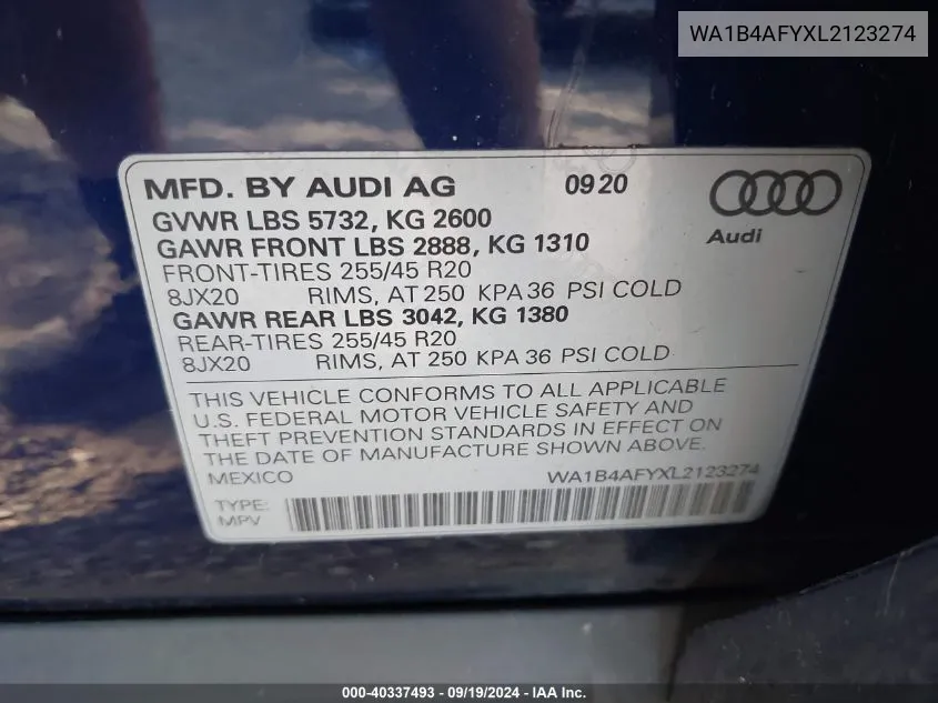 2020 Audi Sq5 Premium Plus Tfsi Quattro Tiptronic VIN: WA1B4AFYXL2123274 Lot: 40337493