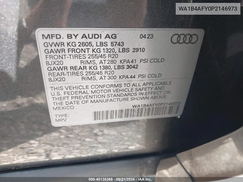 2023 Audi Sq5 Premium Plus VIN: WA1B4AFY0P2146973 Lot: 40135369