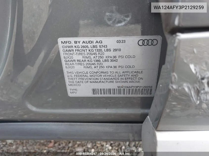 2023 Audi Sq5 Sportback Premium Plus VIN: WA124AFY3P2129259 Lot: 40384247