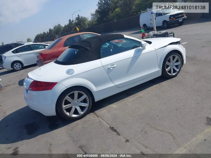 2008 Audi Tt 2.0T VIN: TRUMF38J481018138 Lot: 40036000