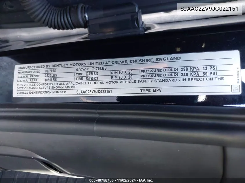 2018 Bentley Bentayga Activity Edition/Black Edition/Mulliner/Onyx Edition/W12 VIN: SJAAC2ZV9JC022151 Lot: 40756786