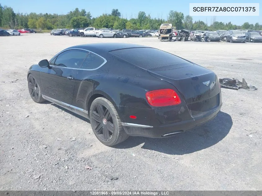 2012 Bentley Continental Gt Gt VIN: SCBFR7ZA8CC071375 Lot: 12081965