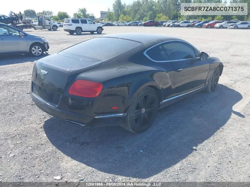 2012 Bentley Continental Gt Gt VIN: SCBFR7ZA8CC071375 Lot: 12081965