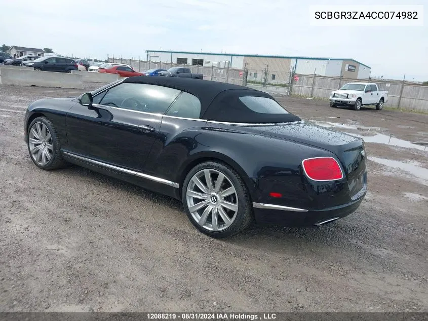 2012 Bentley Continental Gtc VIN: SCBGR3ZA4CC074982 Lot: 12088219