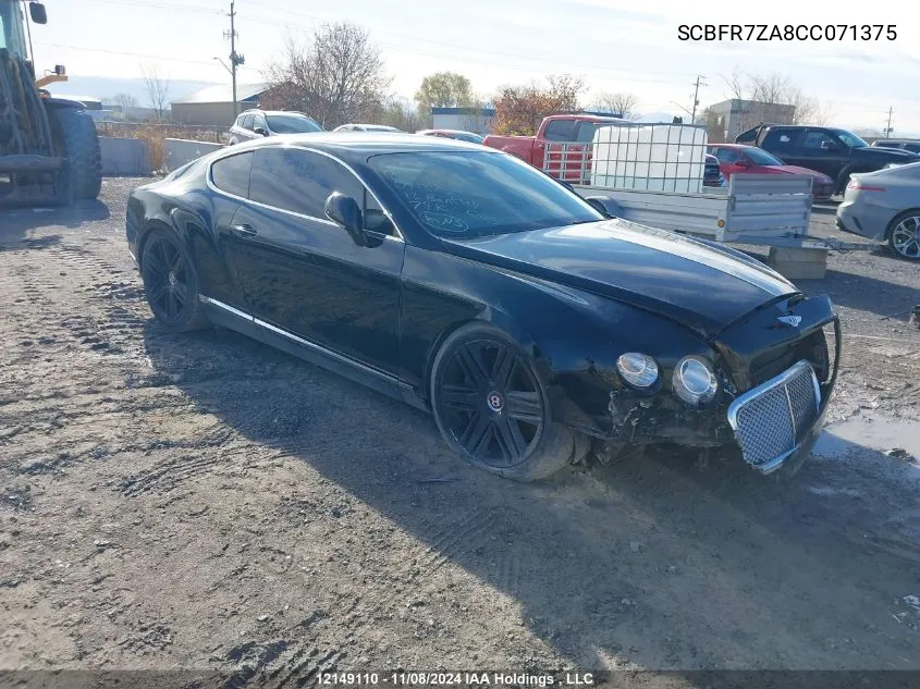 2012 Bentley Continental Gt Gt VIN: SCBFR7ZA8CC071375 Lot: 12149110