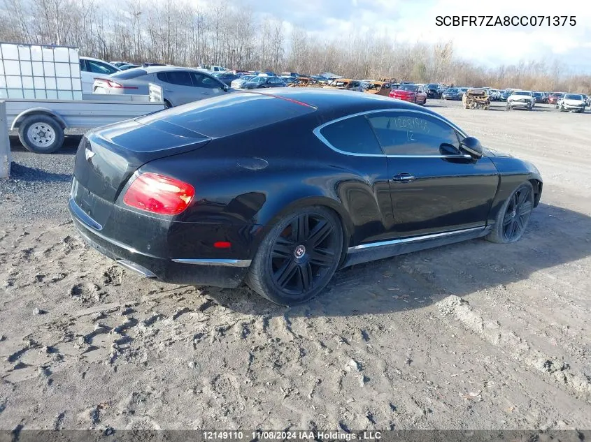 2012 Bentley Continental Gt Gt VIN: SCBFR7ZA8CC071375 Lot: 12149110