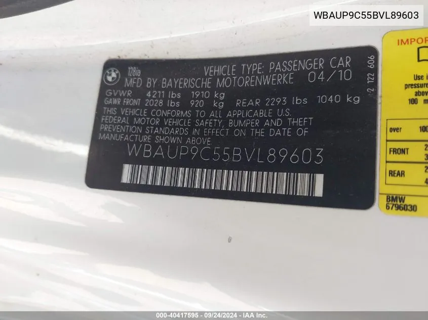 WBAUP9C55BVL89603 2011 BMW 128I