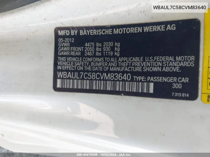 WBAUL7C58CVM83640 2012 BMW 128I