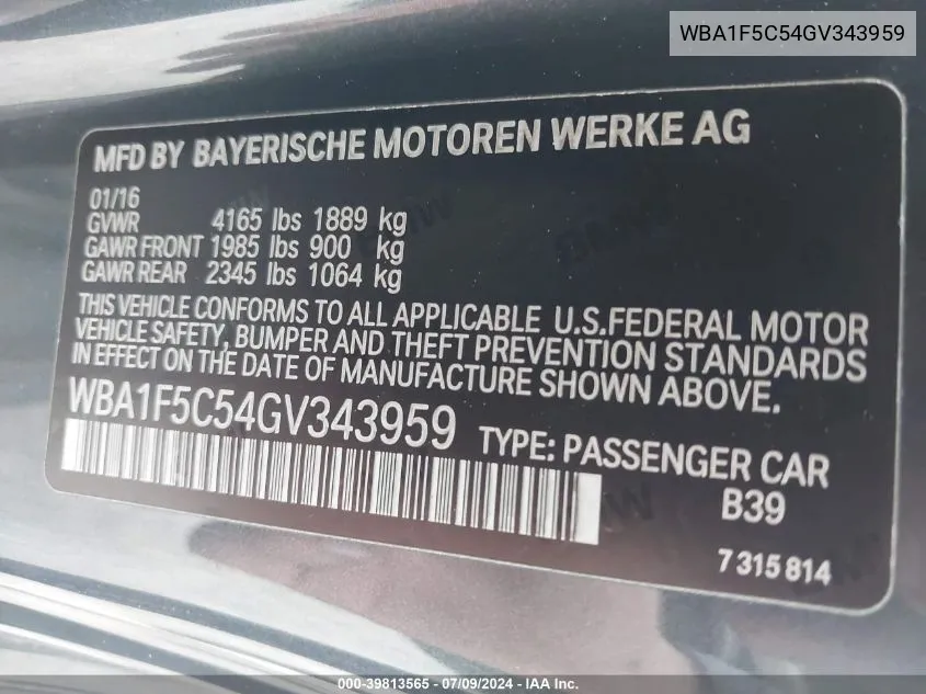 2016 BMW 228I VIN: WBA1F5C54GV343959 Lot: 39813565