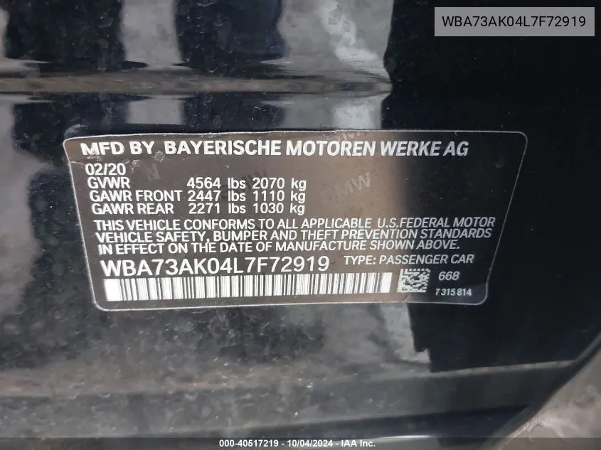 2020 BMW 228I Gran Coupe xDrive VIN: WBA73AK04L7F72919 Lot: 40517219