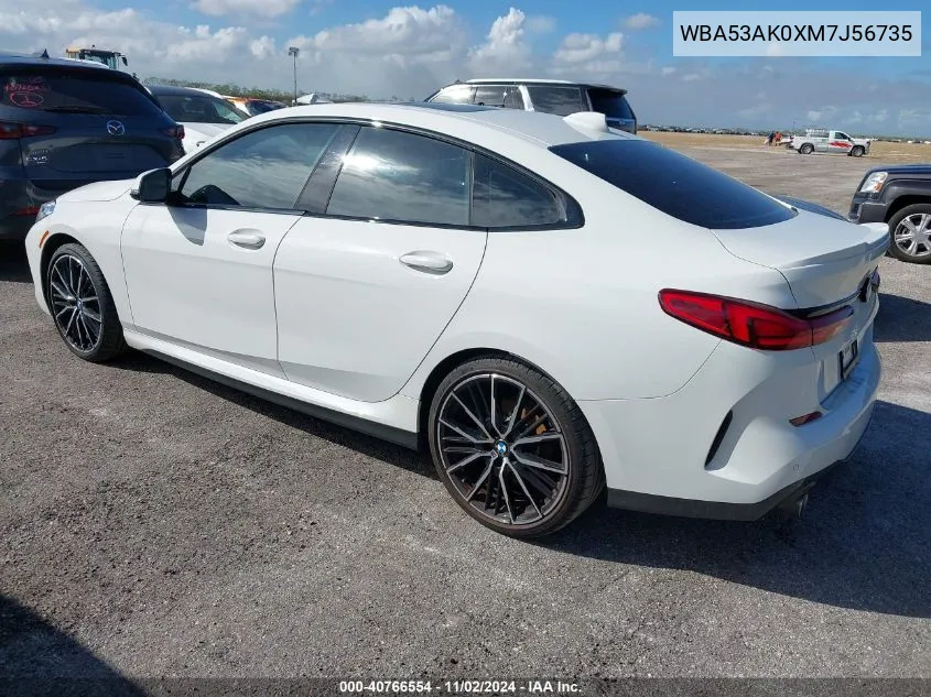 2021 BMW 228I Gran Coupe Sdrive VIN: WBA53AK0XM7J56735 Lot: 40766554