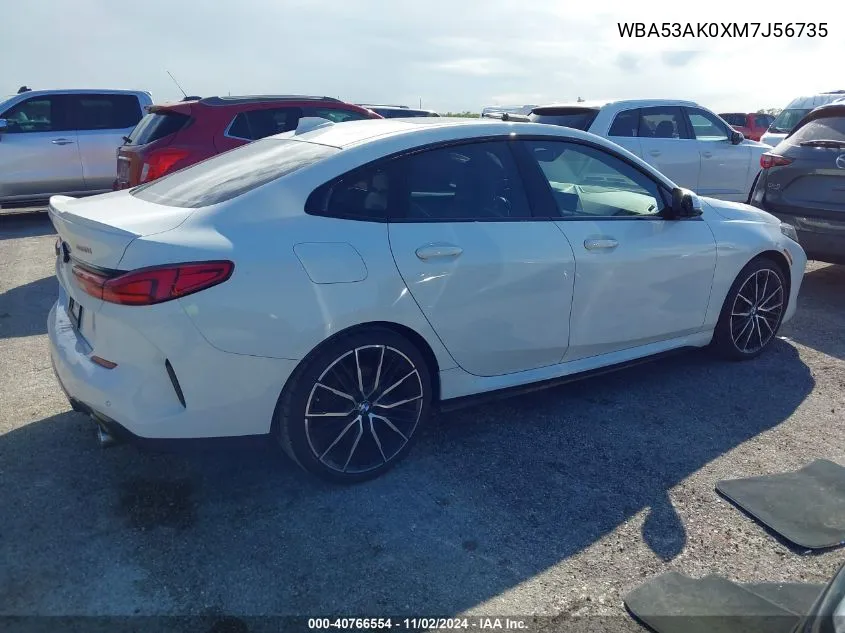 2021 BMW 228I Gran Coupe Sdrive VIN: WBA53AK0XM7J56735 Lot: 40766554