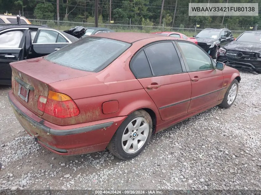 2001 BMW 3 Series 325I VIN: WBAAV33421FU80138 Lot: 40420424