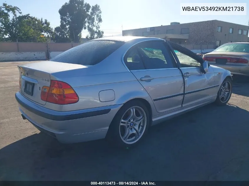 2002 BMW 330I VIN: WBAEV53492KM21738 Lot: 40113473