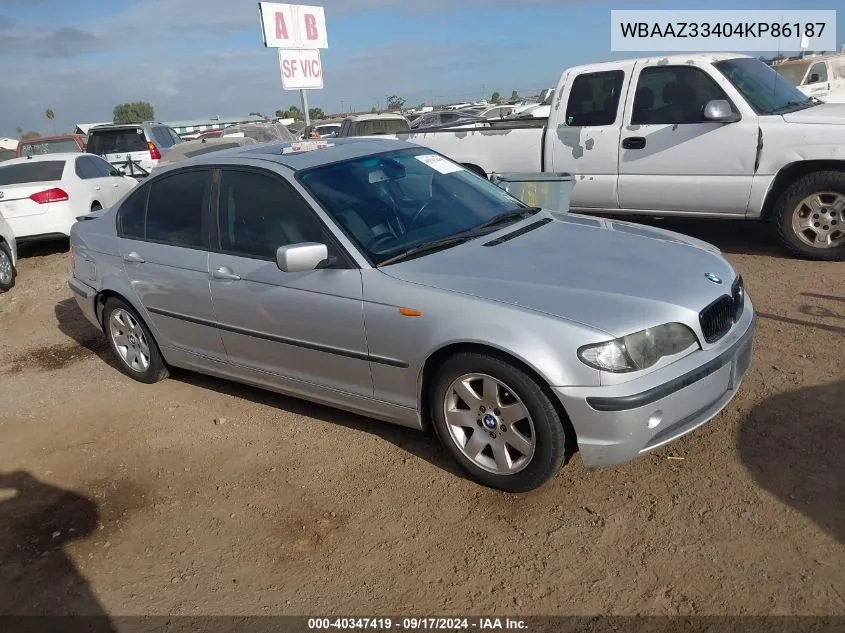 2004 BMW 325I VIN: WBAAZ33404KP86187 Lot: 40347419