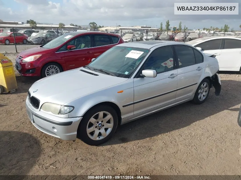 2004 BMW 325I VIN: WBAAZ33404KP86187 Lot: 40347419