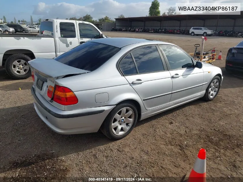 2004 BMW 325I VIN: WBAAZ33404KP86187 Lot: 40347419